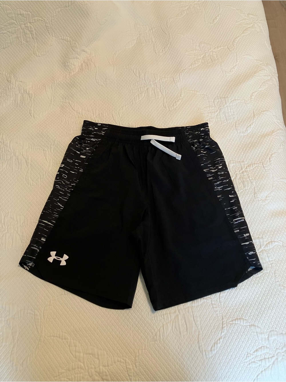 Under Armour Men’s Black Shorts with White Logo and Gray Patterned Side Panels